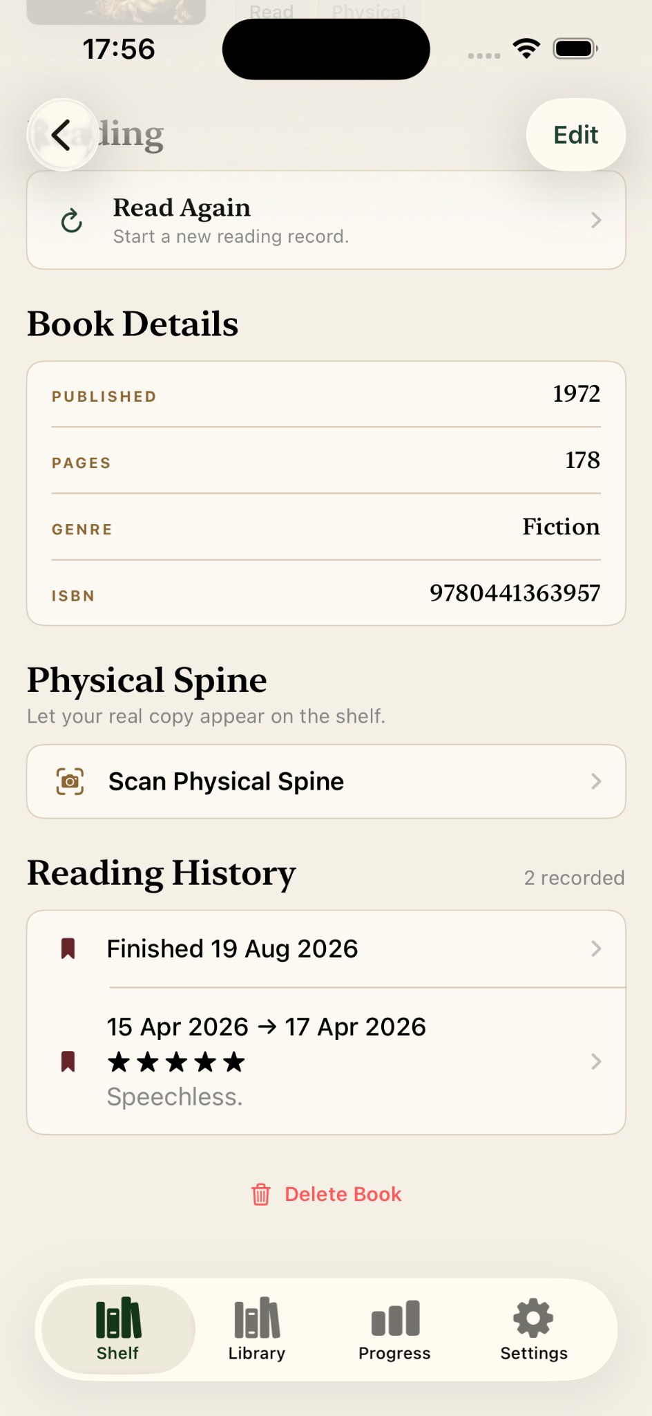 Brassleaf book detail screen showing two separate reading records, reading dates, a five-star rating and a Shelf Memory