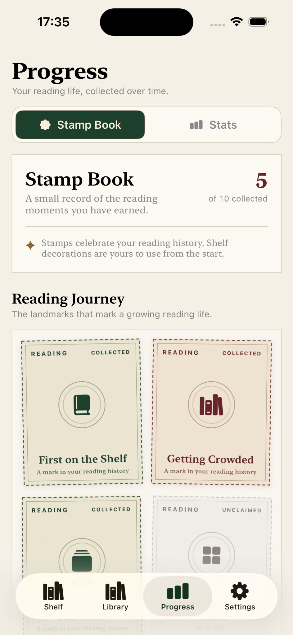 Brassleaf Stamp Book screen showing collected reading milestone stamps and unclaimed stamps