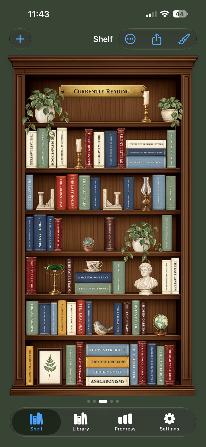 Brassleaf showing a personal wooden bookcase filled with books and decorations